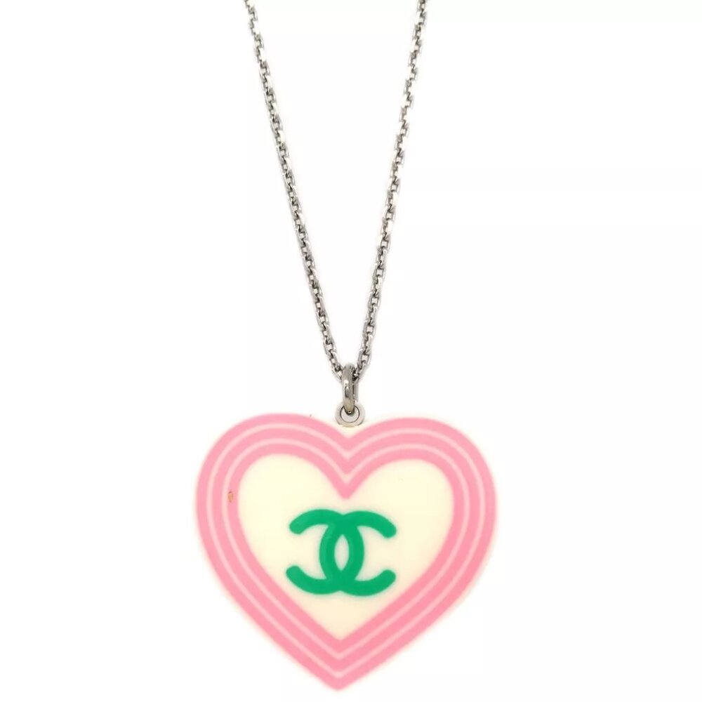 Chanel Heart Chain Necklace Pendant Silver White - Picture 1 of 4